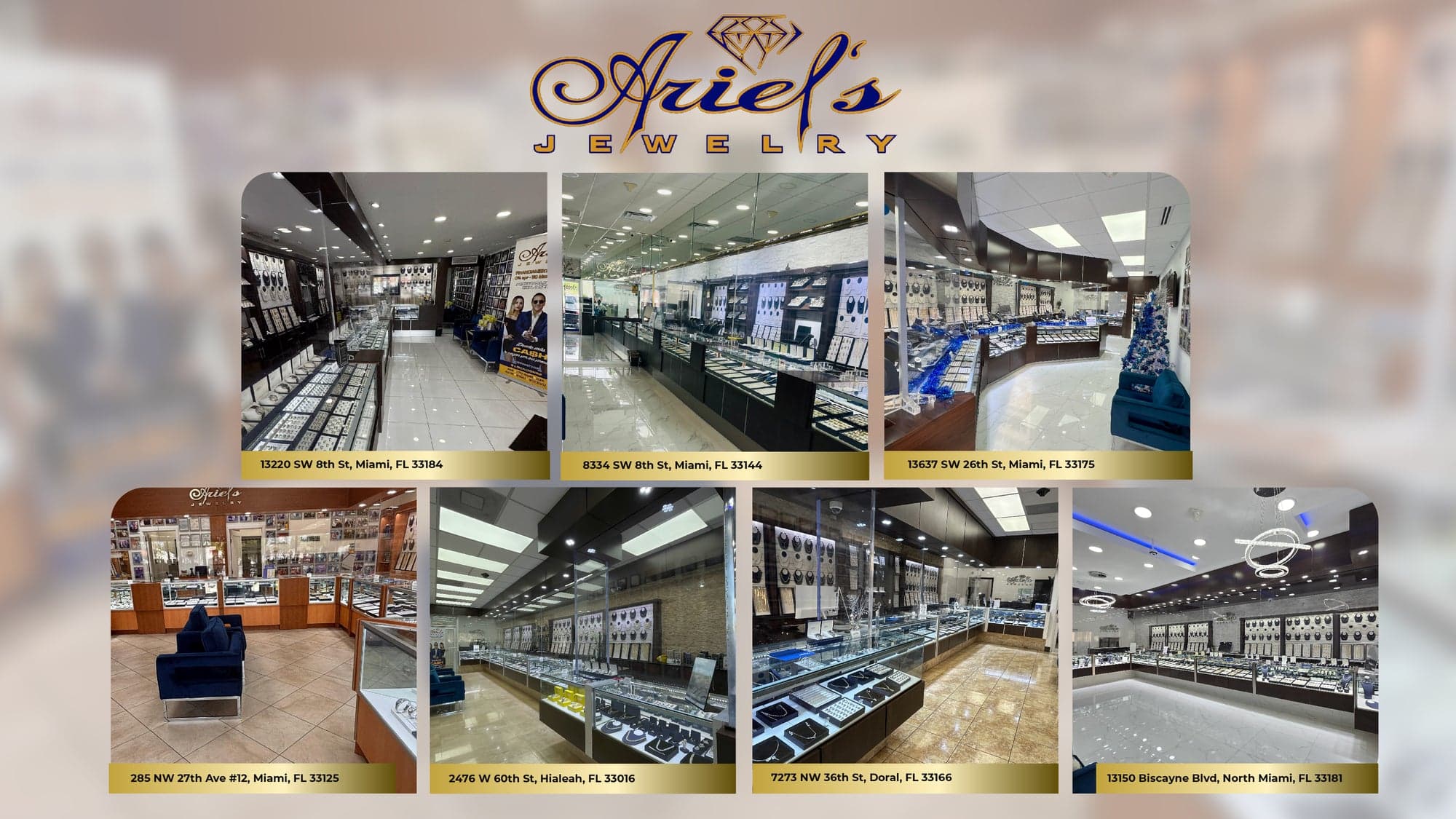Mapa ilustrado de las 7 sucursales de Ariel's Jewelry en Miami